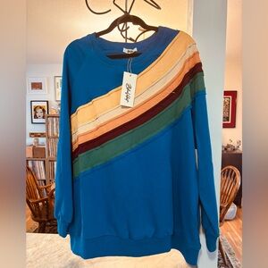 Blue Crew Neck Sweater with Multicolor Stripes